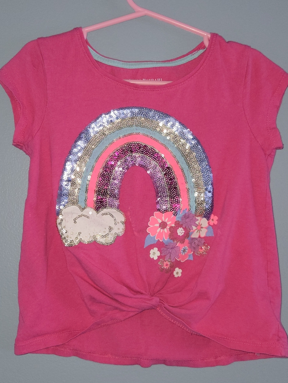 *Back To School* Bright Pink Sequin Rainbow Knot Tee 5/6